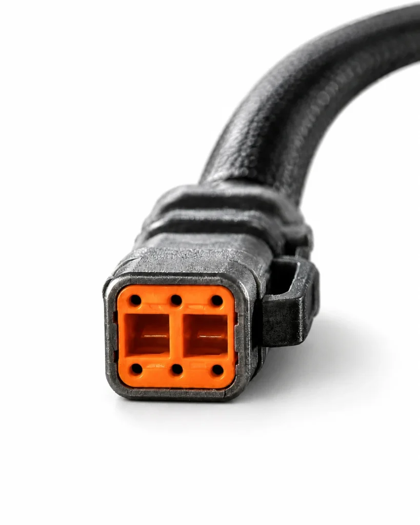 Wiring harness connector close up white bg